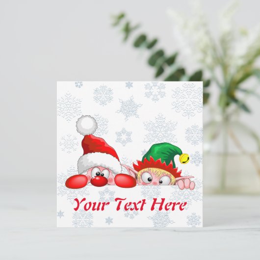 サンタと小妖精や小人かわいいおもしろいキャラクター覗き サンキューカード (スタンド正面)