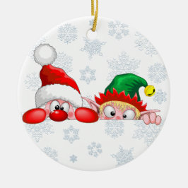 サンタと小妖精や小人かわいいおもしろいキャラクター覗き セラミックオーナメント
