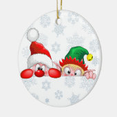 サンタと小妖精や小人かわいいおもしろいキャラクター覗き セラミックオーナメント (左)