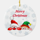 サンタと小妖精や小人かわいいおもしろいキャラクター覗き セラミックオーナメント (裏面)