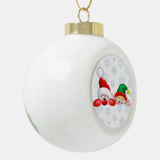 サンタと小妖精や小人かわいいおもしろいキャラクター覗き セラミックボールオーナメント (左)
