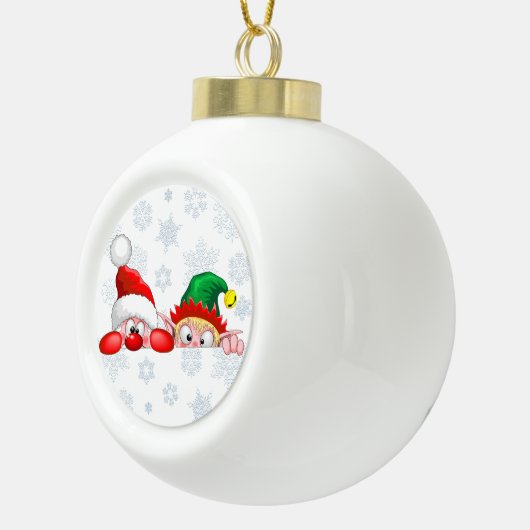 サンタと小妖精や小人かわいいおもしろいキャラクター覗き セラミックボールオーナメント (右)