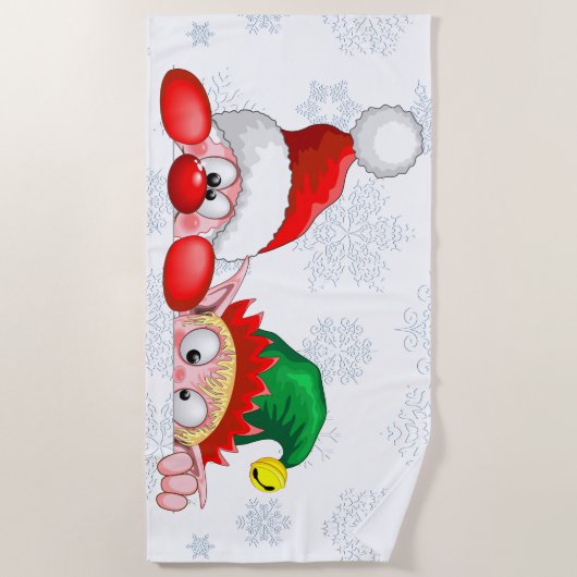 サンタと小妖精や小人かわいいおもしろいキャラクター覗き ビーチタオル (正面)