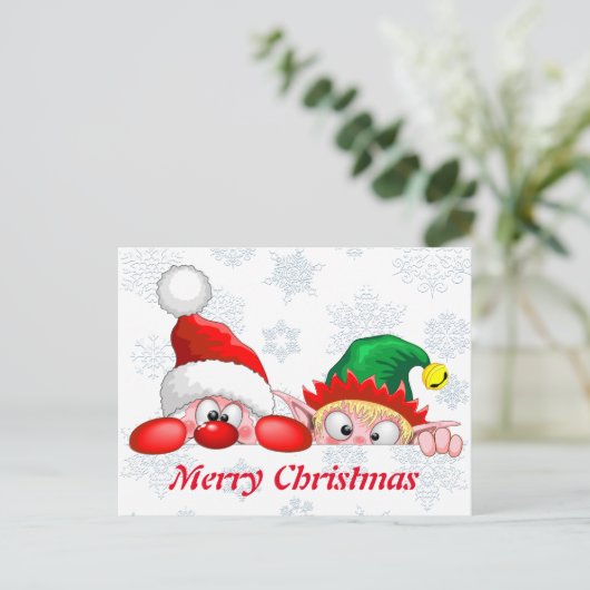 サンタと小妖精や小人かわいいおもしろいキャラクター覗き ポストカード (スタンド正面)