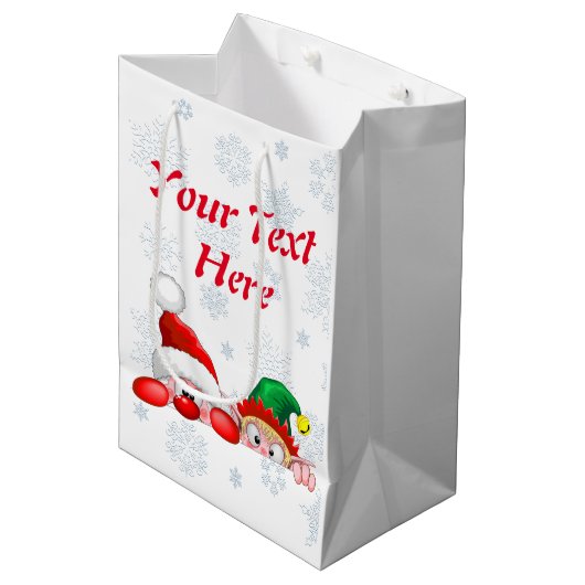 サンタと小妖精や小人かわいいおもしろいキャラクター覗き ミディアムペーパーバッグ (正面アングル)