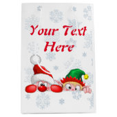 サンタと小妖精や小人かわいいおもしろいキャラクター覗き ミディアムペーパーバッグ (正面)