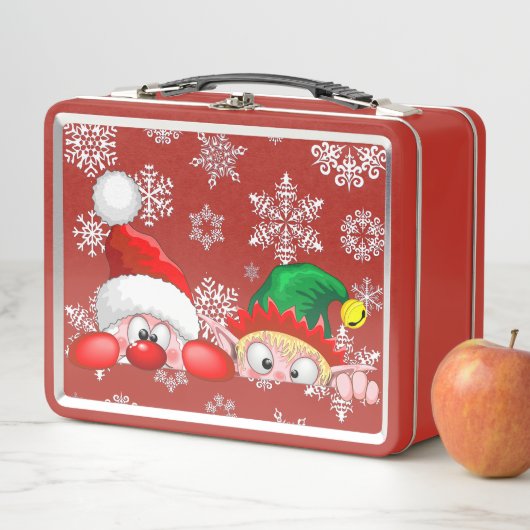 サンタと小妖精や小人かわいいおもしろいキャラクター覗き メタルランチボックス (インサイチュ)