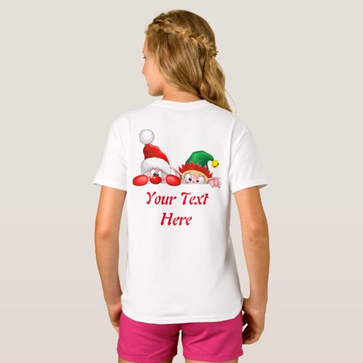 サンタと小妖精や小人かわいいおもしろいキャラクター覗き Tシャツ (裏面フル)
