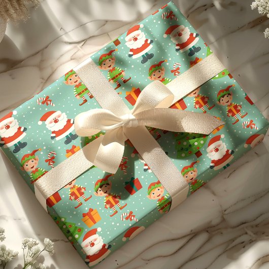 サンタと小妖精や小人クリスマスツリーかわいい休日 ラッピングペーパー