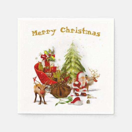 サンタと彼のそりとトナカイ スタンダードカクテルナプキン (正面)