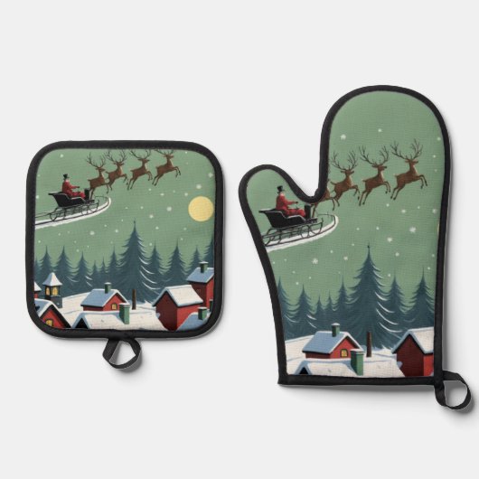 サンタと彼のそり 鍋つかみ&鍋敷きセット (正面)