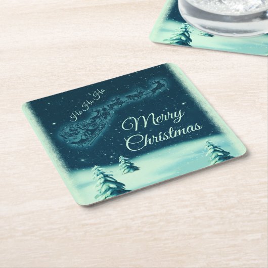 サンタと彼のトナカイのクリスマスナイトスカイ スクエアペーパーコースター (アングル)