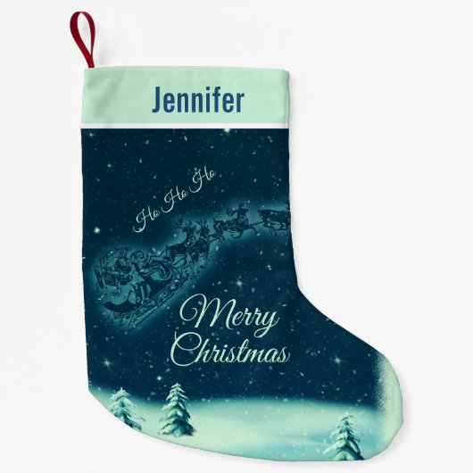 サンタと彼のトナカイのクリスマスナイトスカイ スモールクリスマスストッキング (正面)