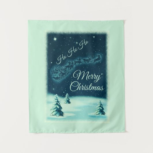 サンタと彼のトナカイのクリスマスナイトスカイ タペストリー (正面)