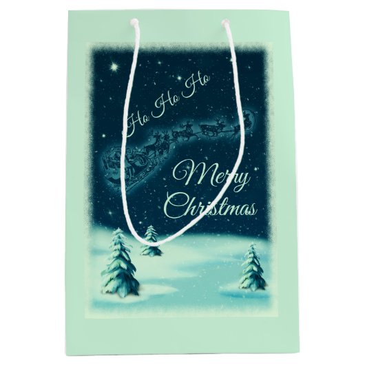 サンタと彼のトナカイのクリスマスナイトスカイ ミディアムペーパーバッグ (正面)