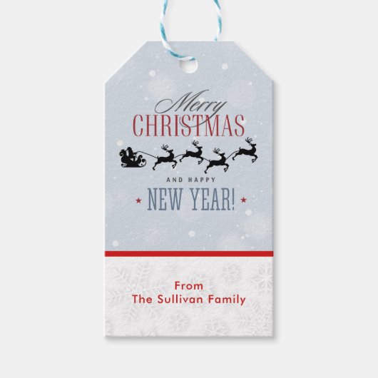 サンタと彼のトナカイ飛んでいるシルエットクリスマス ギフトタグ (正面)