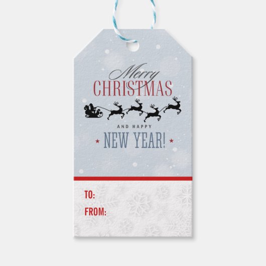 サンタと彼のトナカイ飛んでいるシルエットクリスマス ギフトタグ (正面)