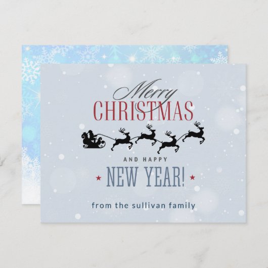 サンタと彼のトナカイ飛んでいるシルエットクリスマス シーズンカード (正面/裏面)