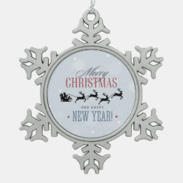 サンタと彼のトナカイ飛んでいるシルエットクリスマス スノーフレークピューターオーナメント