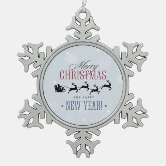 サンタと彼のトナカイ飛んでいるシルエットクリスマス スノーフレークピューターオーナメント (正面)