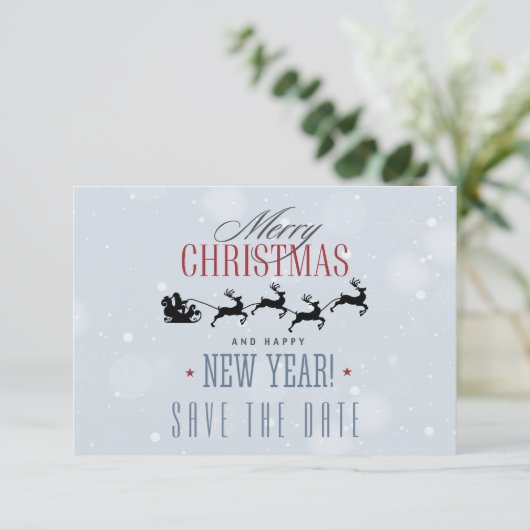 サンタと彼のトナカイ飛んでいるシルエットクリスマス セーブザデート (スタンド正面)