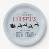 サンタと彼のトナカイ飛んでいるシルエットクリスマス ペーパープレート (正面)