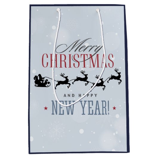サンタと彼のトナカイ飛んでいるシルエットクリスマス ミディアムペーパーバッグ (正面)