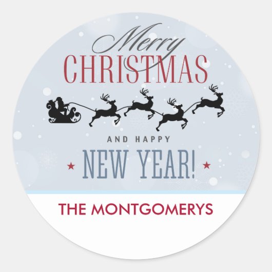 サンタと彼のトナカイ飛んでいるシルエットクリスマス ラウンドシール (正面)
