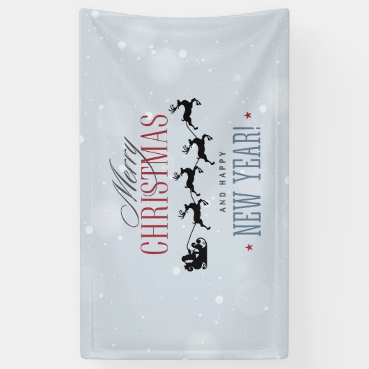 サンタと彼のトナカイ飛んでいるシルエットクリスマス 横断幕 (縦)