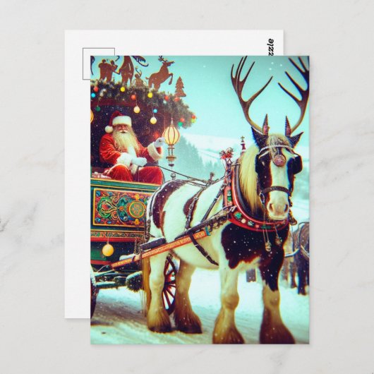 サンタと彼のワゴン馬と〔雄ジカの〕枝角 ポストカード (正面/裏面)