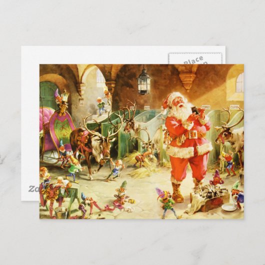 サンタと彼の小妖精や小人の北極の厩舎 シーズンポストカード (正面/裏面)