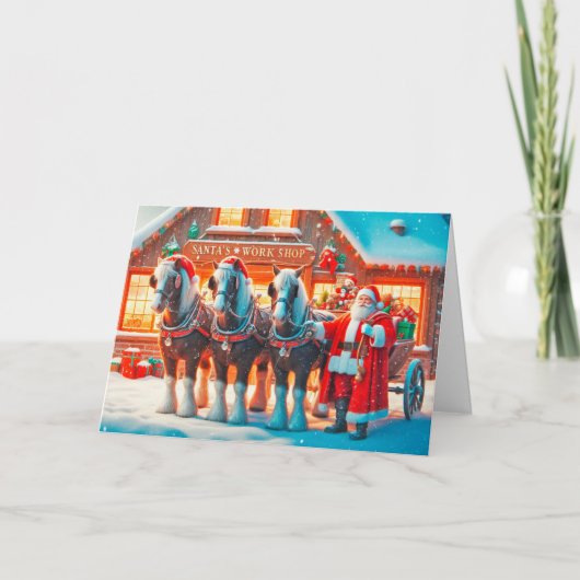 サンタと彼の馬が作業場の外に立っている シーズンカード (正面)