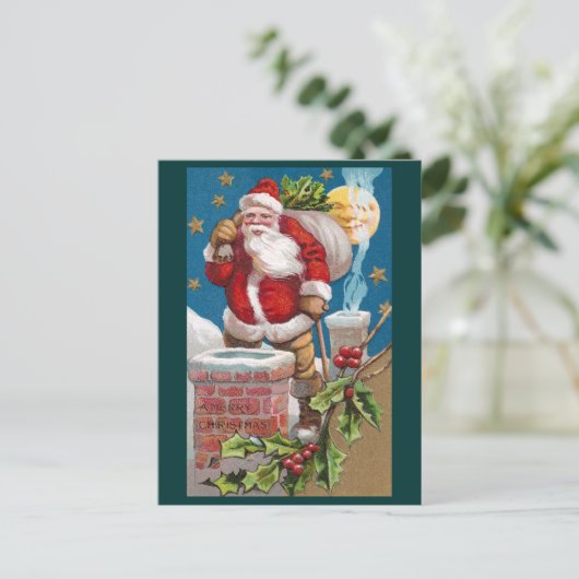 サンタと月のヴィンテージクリスマスの男性 シーズンポストカード (スタンド正面)