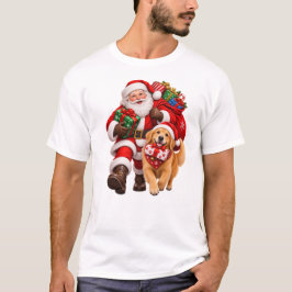 サンタと犬がクリスマスプレゼントを配達 Tシャツ