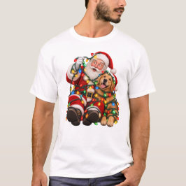 サンタと犬がクリスマス・ライトにからまる Tシャツ
