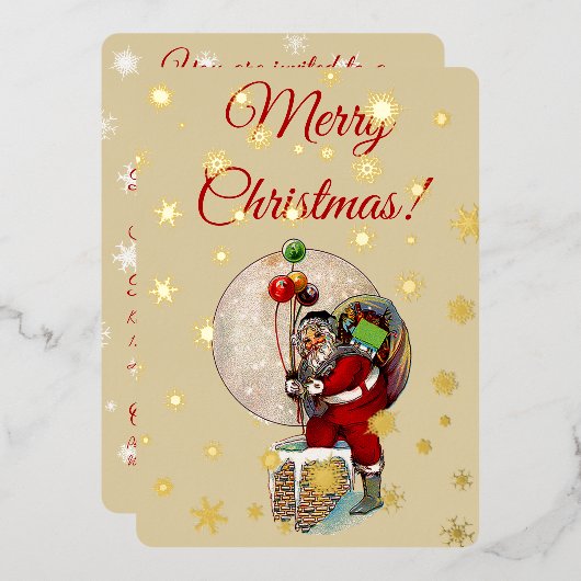 サンタと狭い煙突のクリスマス 箔招待状 (正面/裏面)