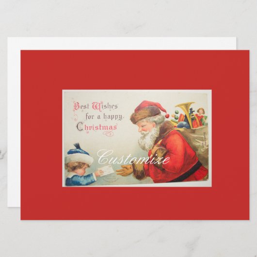サンタと男の子のヴィンテージ懐かしいクリスマス シーズンカード (正面/裏面)