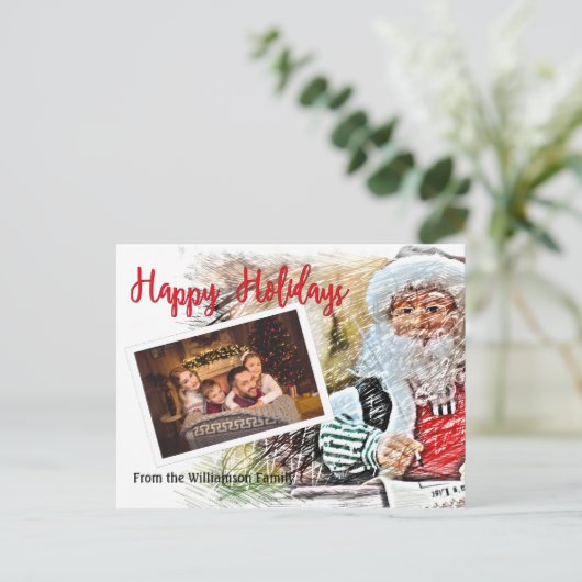サンタと素敵なリストと一緒にあなたの写真ハッピーホリデー ポストカード (スタンド正面)