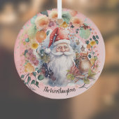 サンタと花オンライトレッド名モノグラム ガラスオーナメント
