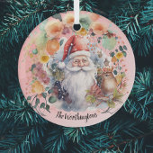 サンタと花オンライトレッド名モノグラム ガラスオーナメント