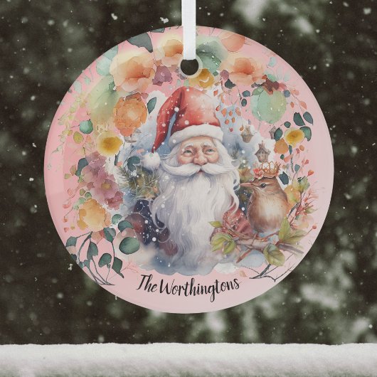 サンタと花オンライトレッド名モノグラム ガラスオーナメント