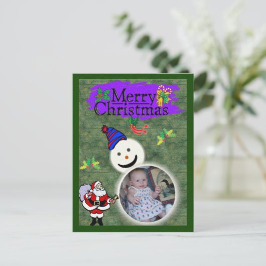 サンタと雪だるまあなたの写真のクリスマスを追加 シーズンポストカード (スタンド正面)