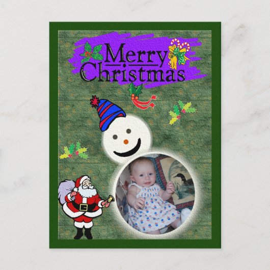 サンタと雪だるまあなたの写真のクリスマスを追加 シーズンポストカード (正面)