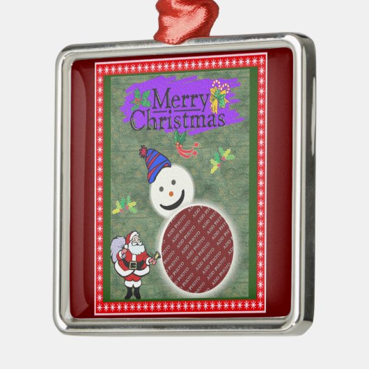 サンタと雪だるまあなたの写真のクリスマスを追加 メタルオーナメント (左)