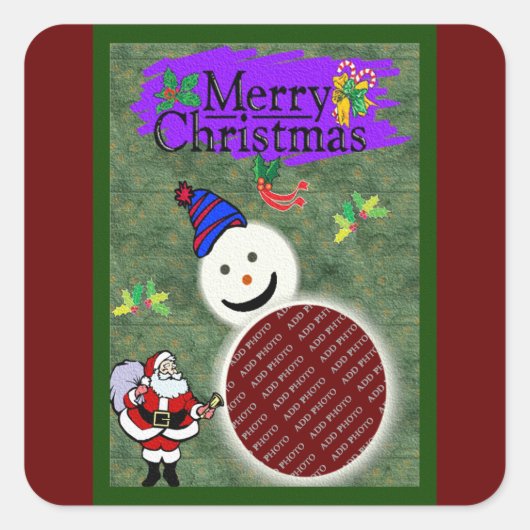 サンタと雪だるまの写真の追加クリスマス スクエアシール (正面)