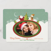 サンタと雪だるまフォトフレームフラットホリデーカード シーズンカード (正面/裏面)