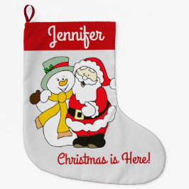 サンタと雪だるま – クリスマスはここだ！ ラージクリスマスストッキング