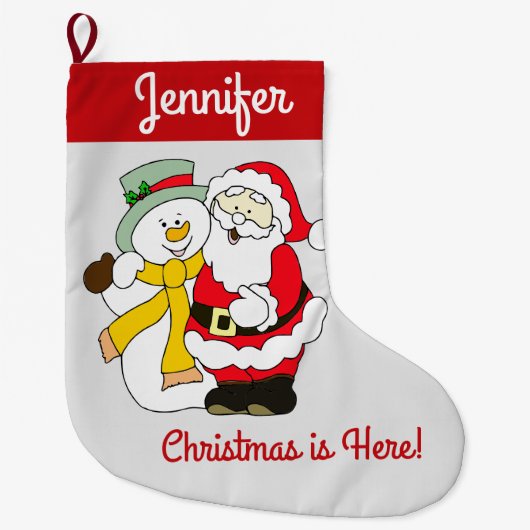 サンタと雪だるま – クリスマスはここだ！ ラージクリスマスストッキング (正面)