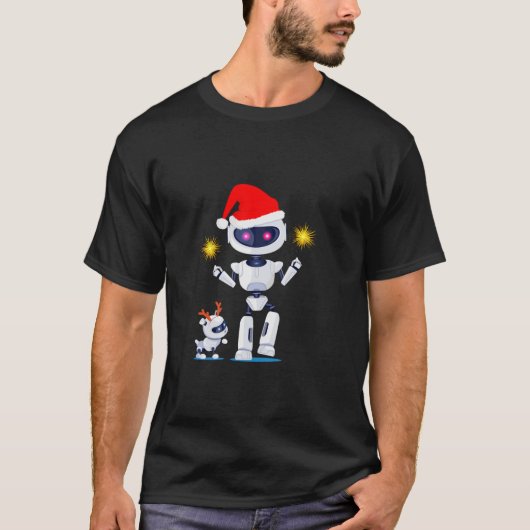 サンタと鹿ロボットおもしろいオタク系のメリークリスマス Tシャツ (正面)