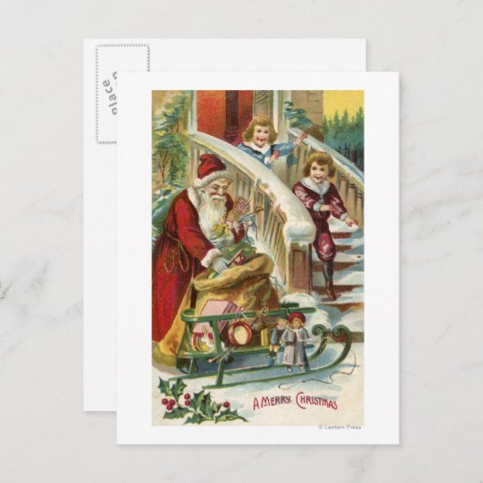 サンタに挨拶するために走っている子供 シーズンポストカード (正面/裏面)